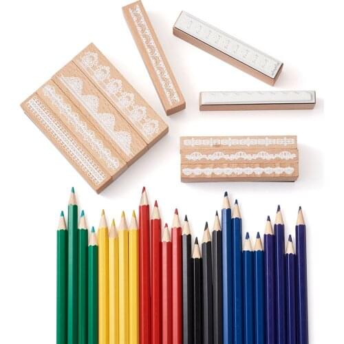 10pcs Wooden Rubber Stamps Vintage Lace Pattern Decorative with 24pcs Colored Pencil for DIY Crafts Scrapbooking Card Making
