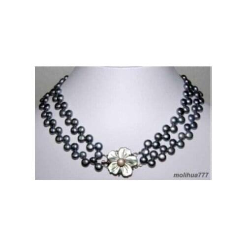 2 Rows Black Pearl Silver Shell Flower Clasp Necklace