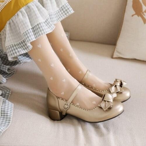 BLXQPYT Women Mary Jane Shoes Seven Color Lolita Single with Thick Heel Bowtie Girls Princess Wedding Shoes Big Size 28-50 266