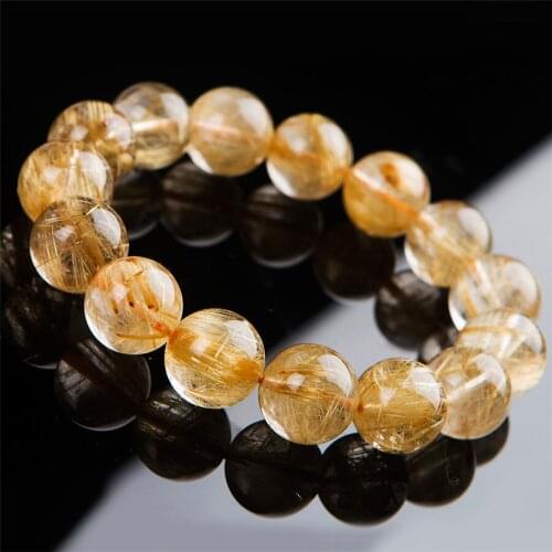 15.5mm Brazil Natural Titanium Gold Rutilated Quartz Bracelets For Women Men Powerful Charm Stretch Round Crystal Bead Bracelet