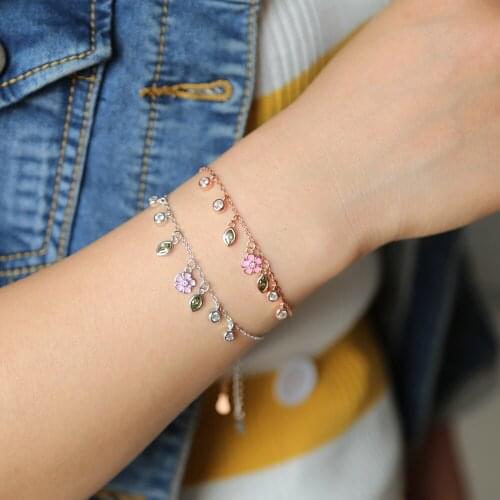 Real 925 Sterling Silver Elegant Chic Jewelry Design Cz Pink Flower Drop Charm Delicate Chain Modern Romance Cute Women Bracelet