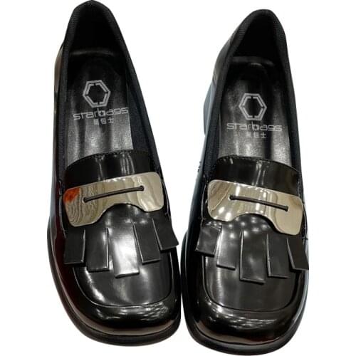 Italian starprd Silver Triangle logo Lefu womens shoes, 2021 new leather tassel metal buckle, high heel shoes, with counter box