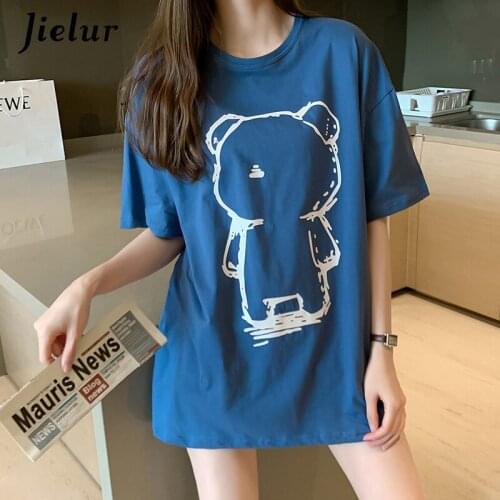 Jielur Cute Cartoon Print T-shirts Women New Summer Short Sleeve Tee Shirts White Blue Pink Casual M-XXL T-shirts Tops Hipster