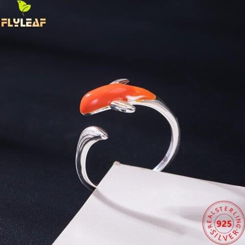 925 Sterling Silver Red Enamel Koi Fish Open Rings For Women Chinese Retro Style Female Vintage Jewelry Handmade