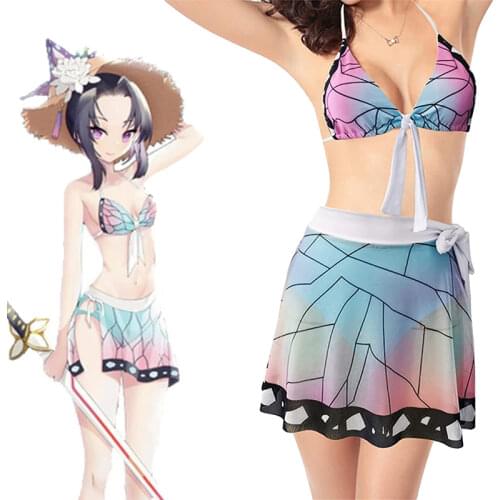 Demon Slayer Swimsuit Kochou Shinobu Cosplay Costume Three Piece Bikini Beach Swimsuit Set Women Summer Swimwear Bathing Suit