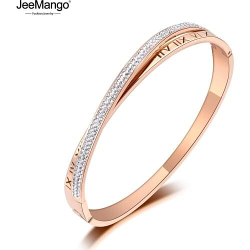 JeeMango New Roman Numerals Mosaic Rhinestone Bangles Bracelet Jewelry Trendy Rose Gold Stainless Steel Wedding Bangle JB19092