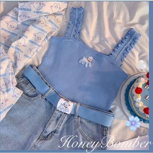 Camisole tank top lamb embroidery female outer wear cute kawaii fashion casual corset summer new slim short sleeveless crop top