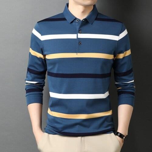 2021Spring Autumn New Arrival High Quality 100% Pure Cotton Casual Striped Turn Down Collar Long Sleeve Polo-Shirt Men Clothing