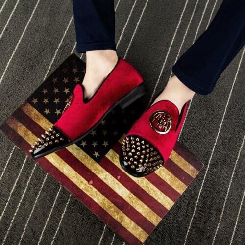 MEIJIANA New Hot Sale Mens Fashion Casual Red Bottom Rivets Pointed Genuine Leather Shoes Male Summer Velvet Party Loafers