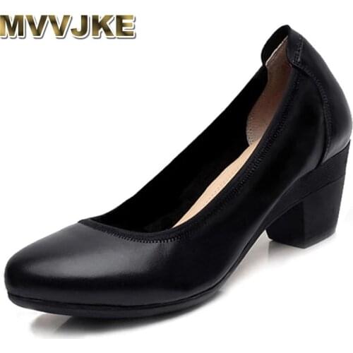 MVVJKE Cow Genuine Leather Round Toe Woman Shoes Elegant Soft OL Fashion Shoes Chunky Heel Working Shoes Female Shoes
