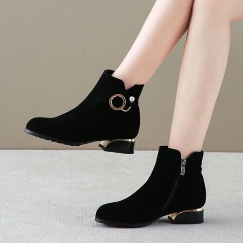 2020 new autumn and winter new square heel ladies side zipper ankle boots plus size 43 plus velvet womens boots womens shoes