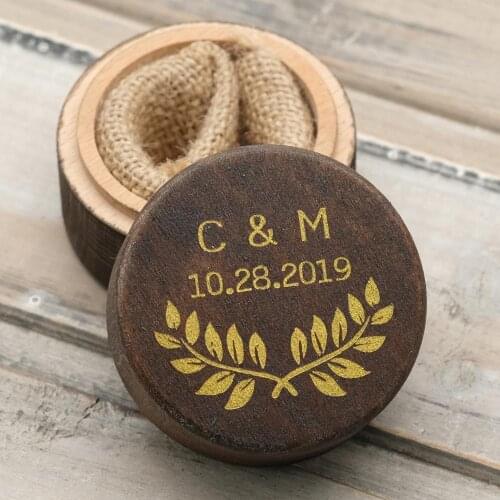 Personalized Brown Wedding Ring Box Rustic Jewelry Box Holder Engagement Gift Gold Calligraphy Ring Bearer Box