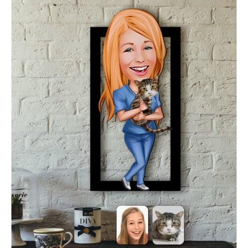 Personalized Pet Friendly Caricature OF 3D Wood Tablo-4