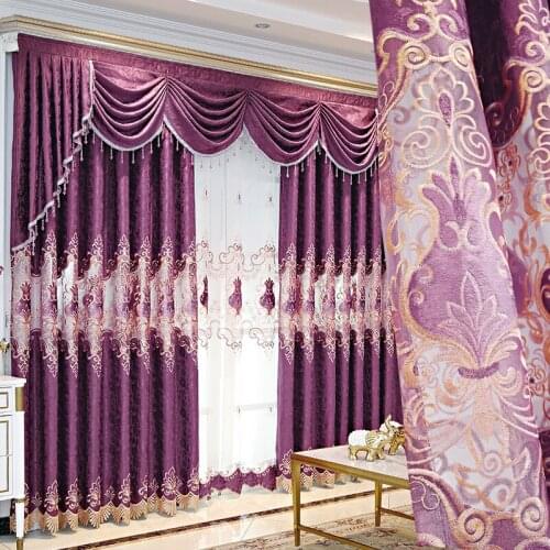 Custom European Style Curtains for Living Room Bedroom Blackout Embroidery High-end Purple Wedding Room Curtains Tulle Valance