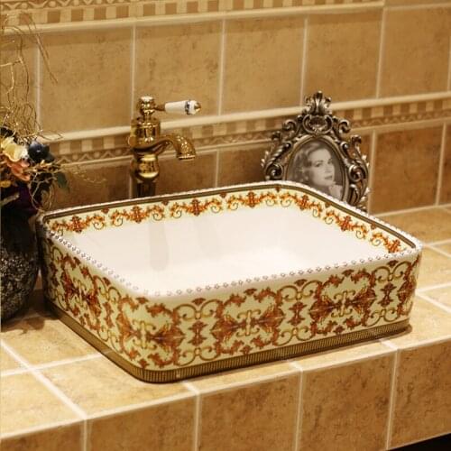 Rectangular Handmade Europe Vintage Style Lavobo Ceramic Bathroom Counter top Bathroom Sink ceramic shampoo wash basin