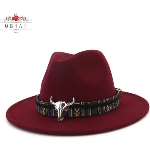 QBHAT Wide Brim Cowboy Fedora Hats Bull Head Decor Men Women Wool Felt Trilby Gambler Hats Jazz Panama Caps 60 CM