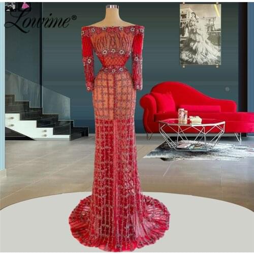 Beaded Luxury Evening Dresses Boat Neck Mermaid Long Party Gown Celebrity Dresses 2021 Couture Plus Prom Dresses Wedding Robes