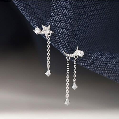 Stars Moon Earrings Silver Color Asymmetry Star Moon CZ Zircon Dangle Drop Earrings Long Tassels Earrings For Women Fine Jewelry