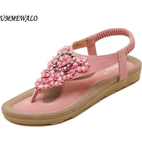 UMMEWALO Sandals Women T-strap Flip Flop Thong Flat Sandals Ladies Floral Rhinestone Gladiator Sandal Shoes Summer Zapatos Mujer