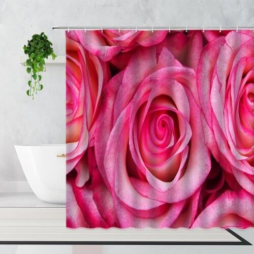 Blue Pink Rose Shower Curtain Plant Flower Landscape Girly Bathroom Decoration Waterproof Bath Curtains Set With Hooks Polyester