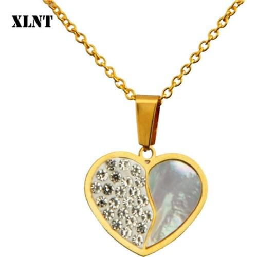 XLNT Simple Heart Chain Necklace Fashion Jewelry For Women pendant Shell Inlaid Stailess steel necklace women