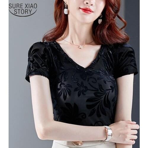 2021 New Korean Black Floral Short Sleeve Plus Size Women 3XL Ladies Tops V-neck Velvet Mesh Slim Fit Wild Blouse Women 9643