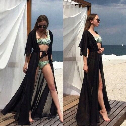 Women Chiffon Bikini Cover Up Cardigan Kimono Perspective Swimsuit Swimwear Beach Long Maxi Dress with Belt
