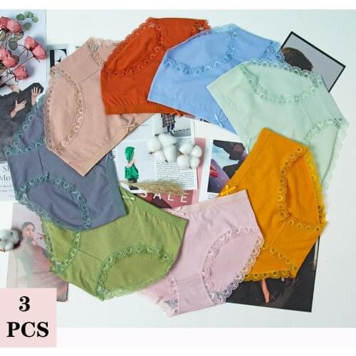 3Pcs Women Solid Color Cotton Thin Breathable Mid-Waist Briefs Graphene Ladies Panties Lace Plus Size Ladies Panties Underpants