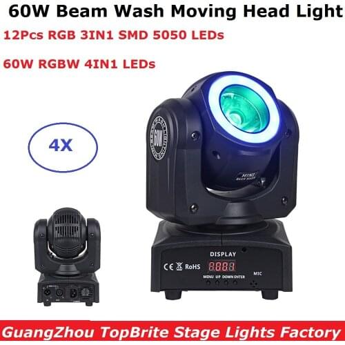 4XLot Portable Mini 60W RGBW 4IN1 LED Moving Head Beam Party Lights DMX512 LED DJ XMAS Disco Lights With SMD 5050 LED Strip