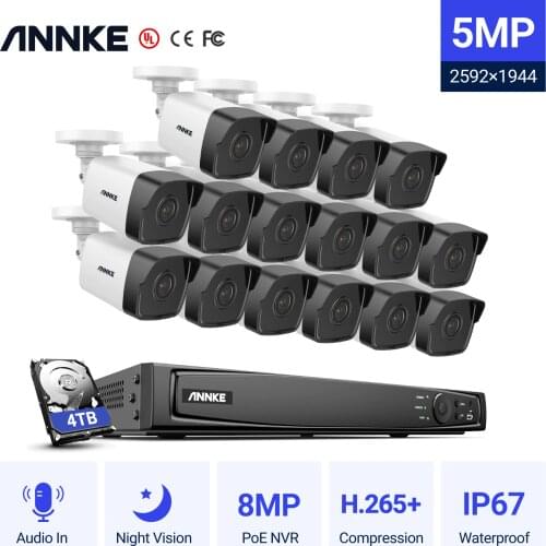 ANNKE 16CH 5MP H.265+ HD PoE Network Video Security System 16pcs IP67 Outdoor Bullet POE IP Cameras Plug & Play PoE Camera Kit