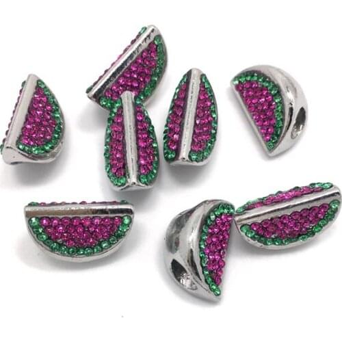 Free shipping 15pcs 16x10x9mm watermelon hot pink and green rhinestone big hole alloy beads fit European bracelet DIY