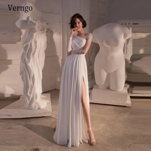 Verngo Elegant Chiffon A Line Wedding Dress Sheer Neck Long Sleeves Appplique Floral Pearls Side Slit 2021 Beach Bridal Gowns