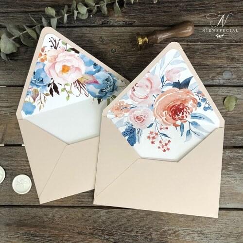 Custom Light pink envelope with blue color floral liner 195x135mm,20pcs