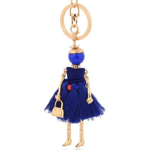 Fashion women bag blue tassel keychain 2020 statement car key chain charm pendant jewelry hot selling