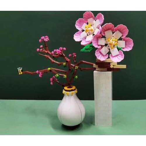 New Bouquet Building Blocks Household Bonsai Plant Plum Potted Model Ornaments Assembling DIY Bricks Girl Gifts Childrens Toys