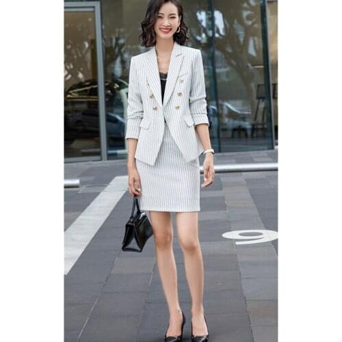 Formal office suit skirt two-piece autumn and winter casual long-sleeved ladies striped jacket slim skirt high quality