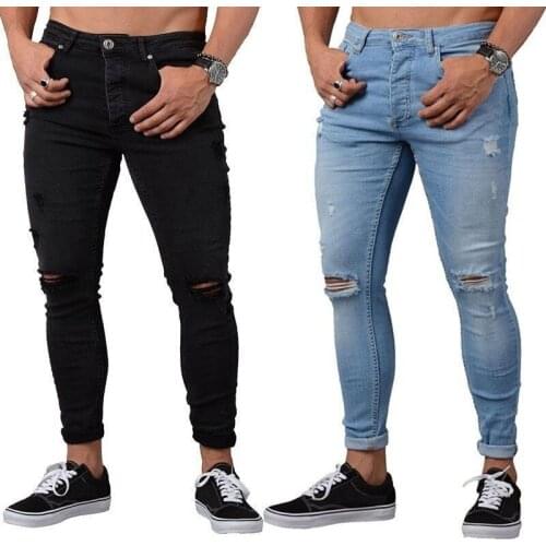 Hole fashion Jeans Men Elastic Waist Skinny Jeans Men 2021 Stretch Ripped Pants Streetwear Mens Denim Jeans Blue black