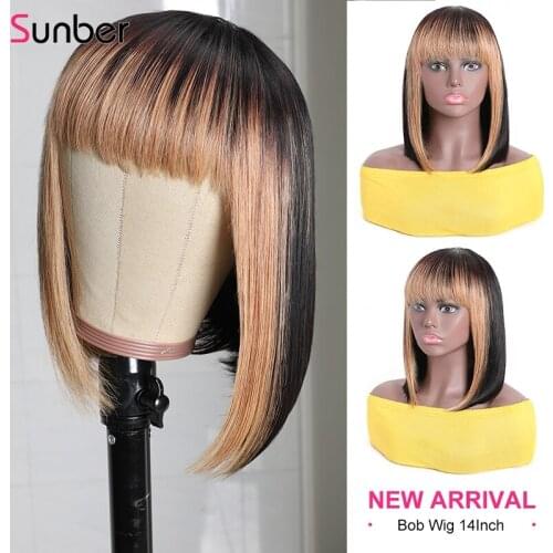 Sunber Highlight Human Hair Bob Wig No Glue No Gel 150% Density Blonde Bob Hair Wigs With Bang Blunt Cut Peruvian Straight Wigs