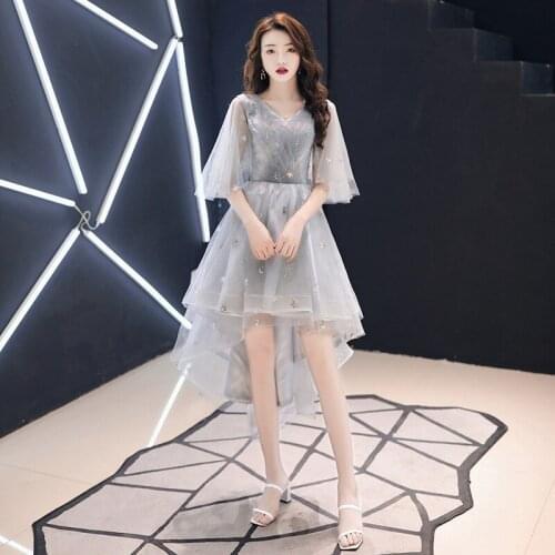 Special Occasion Dresses Illusion V-Neck Short Sequined Pleat Embroidery Tulle A-Line Luxury Gray Elegant Women Prom Gown E842