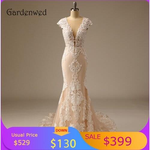 Champagne Deep V neck Appliques Wedding Dress Cap Sleeves Mermaid Bride Dress Luxury Fish Tail Triangle Train Bridal Gown
