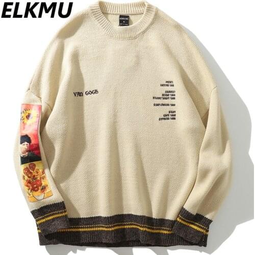 ELKMU Streetwear Sweaters Knitted Pullovers Van Gogh Sunflower Print Harajuku Autumn Oversized Knitwear Jumper Male HM603