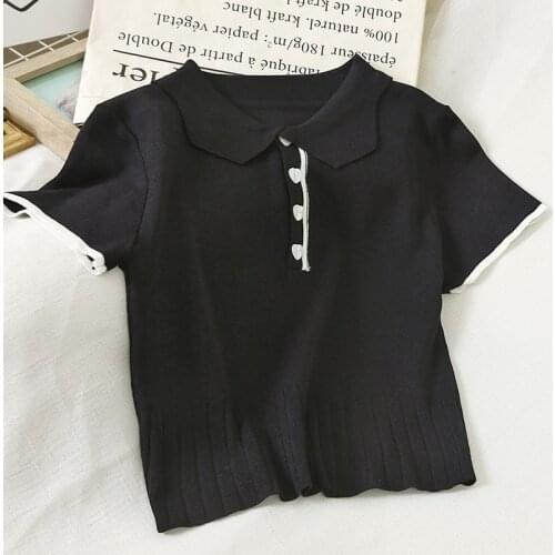 Korean Fashion Knitted Short Sleeve Patchwork Clothes for Women Vintage Polo Shirts Slim Cute Crop Tops Female Button Up T-shirt