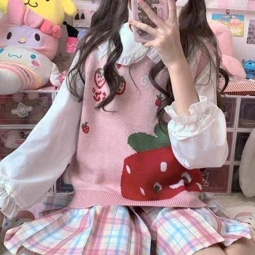 Japanese Cute Soft Girl Strawberry Vest Knitting Pullover Women Retros Leeveless Sweet Kawaii Sweater Baby Doll Pink Lolita Tops