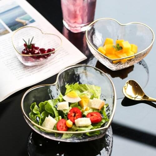 Japanese Gold Rim Glass Salad Bowl Luxury Heart-shaped Dessert Fruit Bowl Water Cup Crystal Milk Tea Mug Household Dinnerware