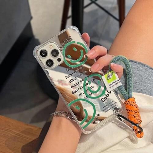 Makeup Mirror Smiley Wrist Chain Phone Case for iPhone 12 Pro Max Hanging Strap Cases for iPhone 7Plus 11ProMax Bracelet Cover