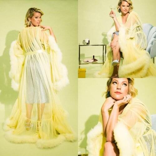 Yellow Fur Maternity Dress Photo Shoot Props Pregant Women Photography Gown Kimono Women Evening Robe Bathrobe Sleepware Night