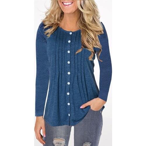 40# Solid Color Button Blouse Women Long Sleeve O-neck Patchwork Shirt Blouse Top Ruffles Pleated Sexy Elegant Casual Blouse Top