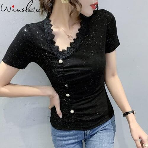 Summer European Style Cotton T-Shirt Fashion Sexy Skew Collar Patchwork Crochet Shiny Button Women Tops New Tees 2021 T16130A