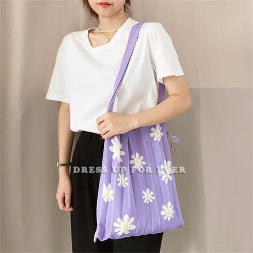 Female Bag Summer Fresh Sweet Style Knitted Jacquard Wool Woven Pleated Organ Large Capacity Shoulder Messenger Shopping Bags