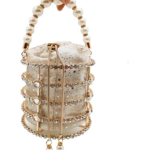 Fashion Shinny Luxury Party Women Pearl Rhinestone Chains Bucket Metal Evening Handbag Clutch Bag Crystal Wedding Handbags
